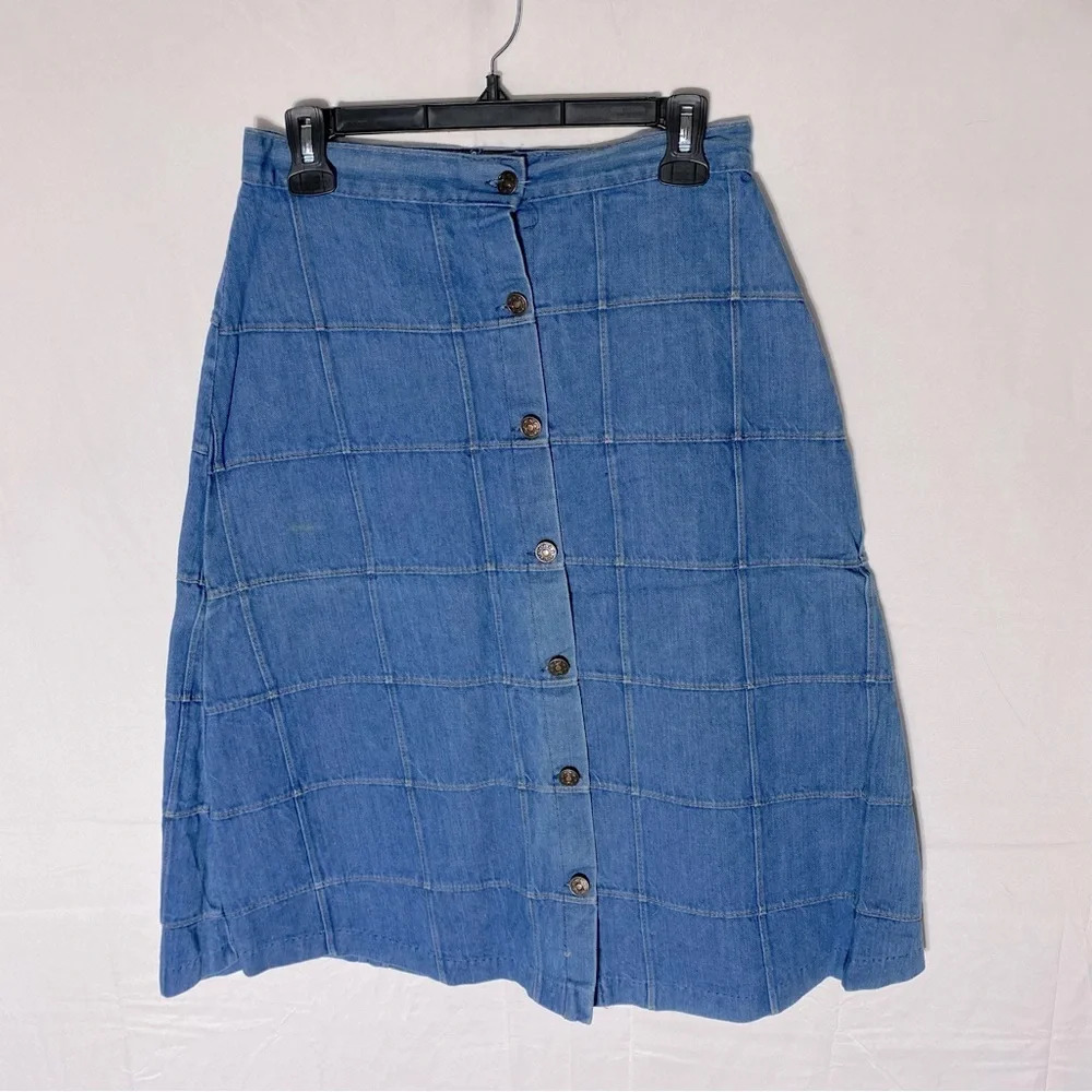 Vintage YES Patchwork Denim Button Front Midi Skirt M Festival Western Stampede